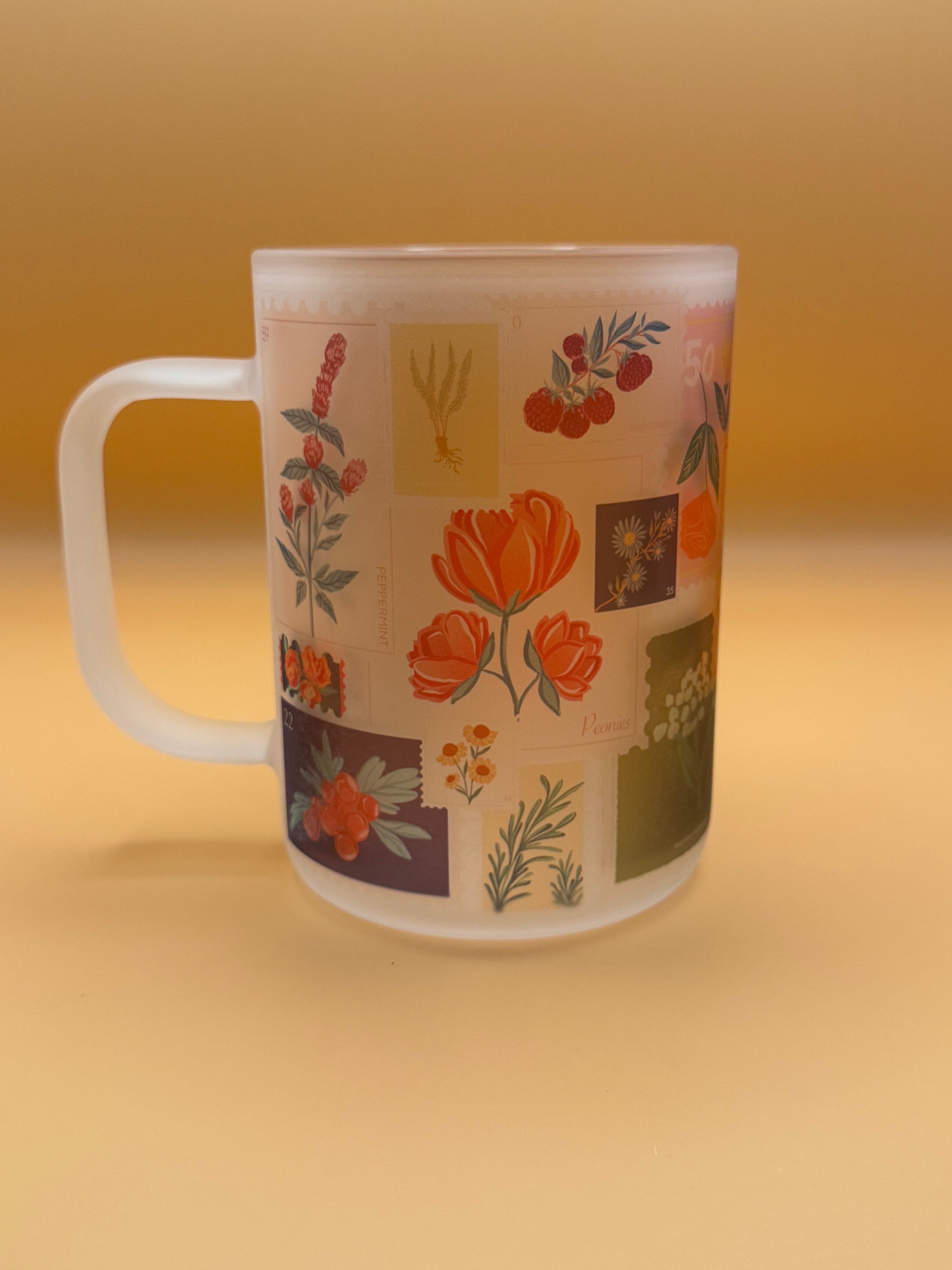 Vintage Floral Stamp - Frosted Glass Travel Mug