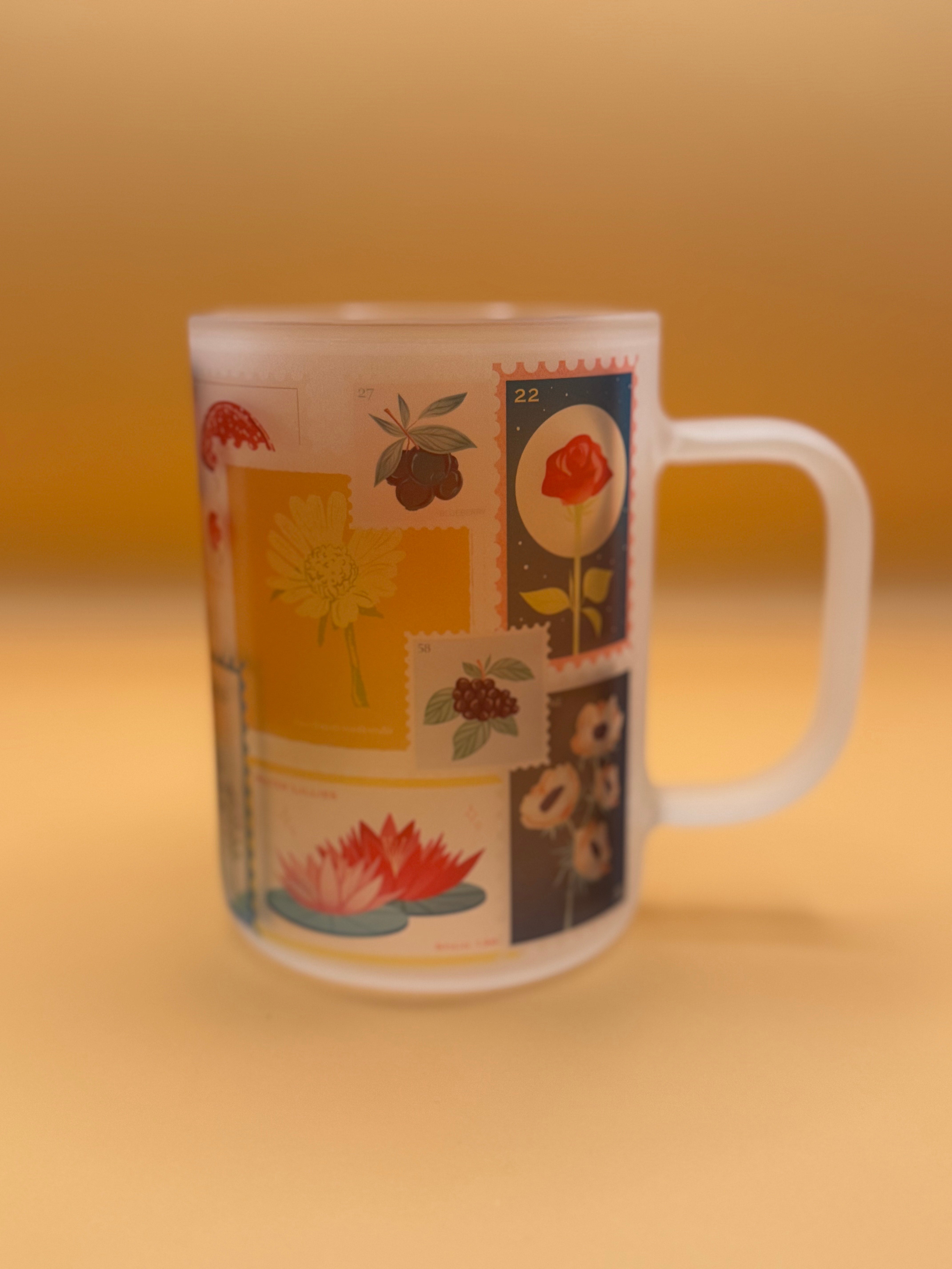 Vintage Floral Stamp - Frosted Glass Travel Mug