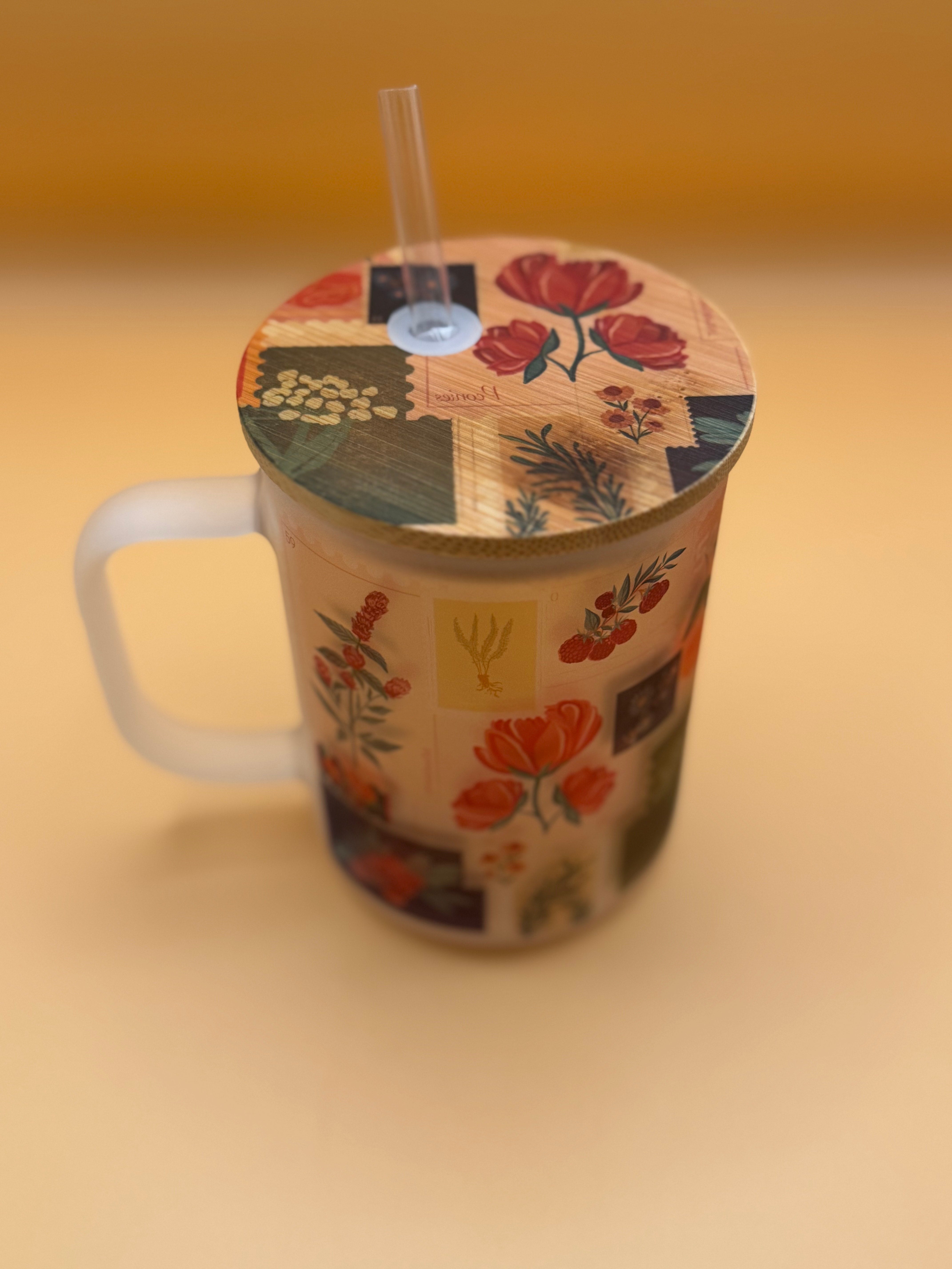 Vintage Floral Stamp - Frosted Glass Travel Mug