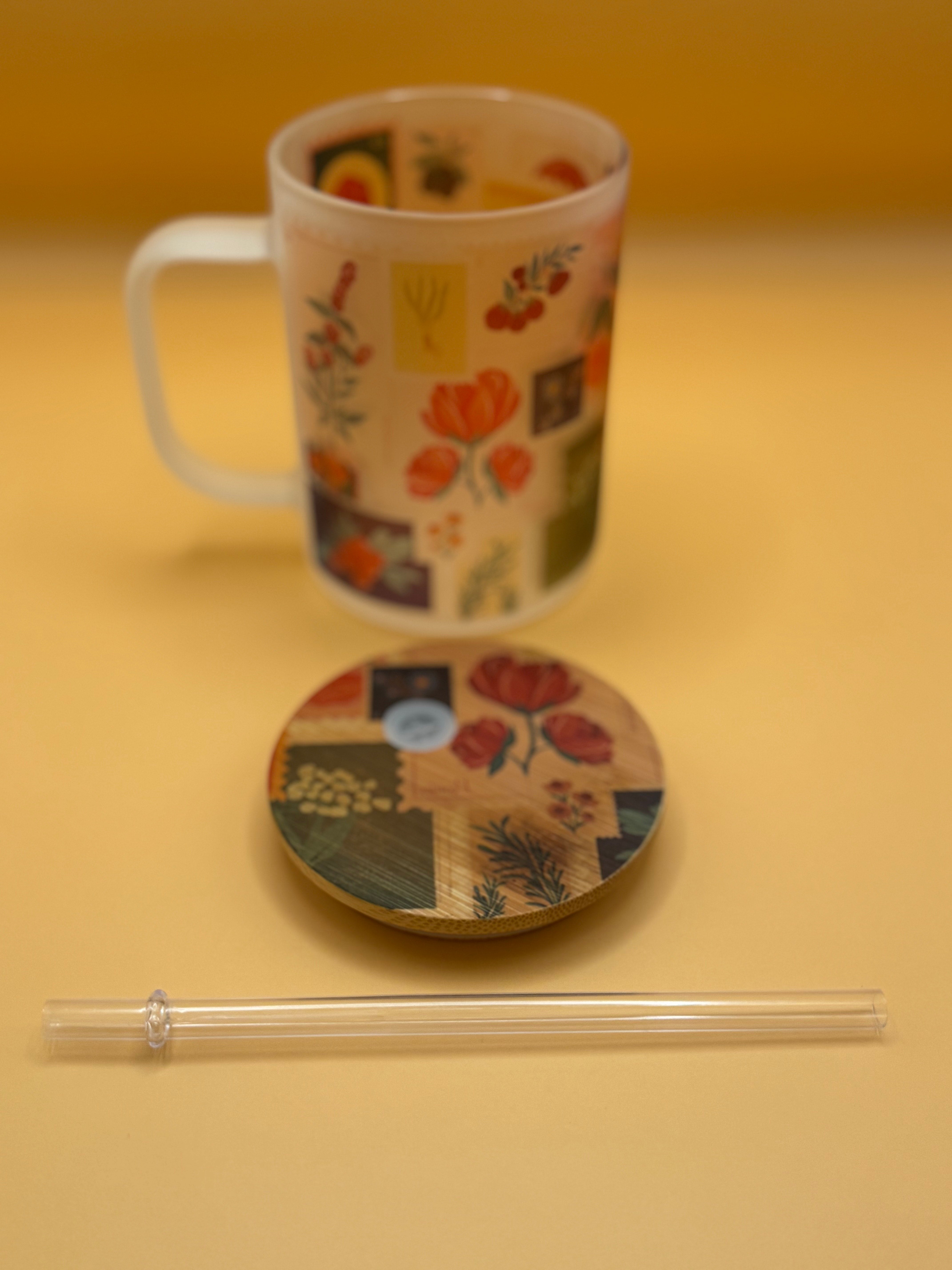 Vintage Floral Stamp - Frosted Glass Travel Mug