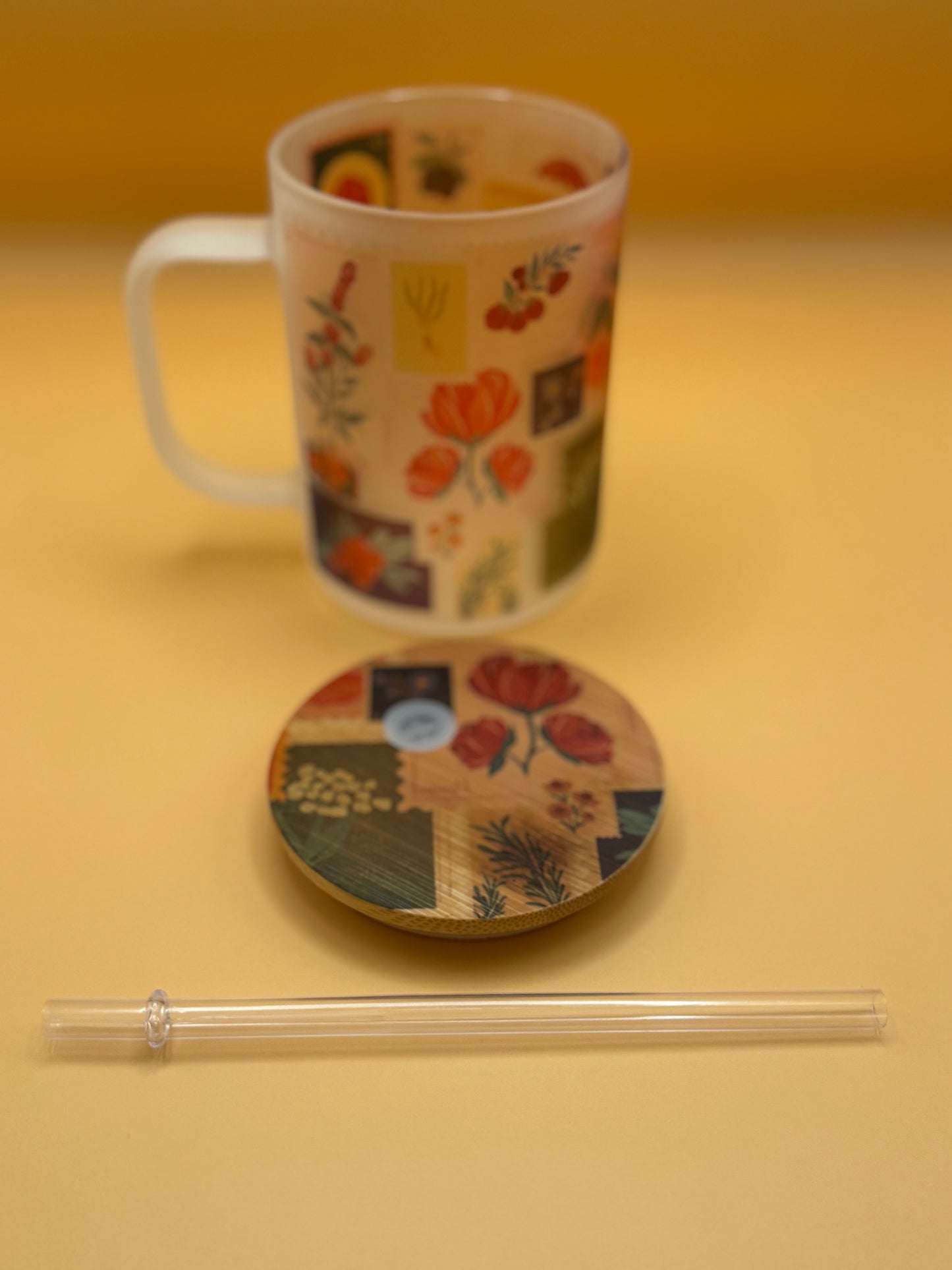 Vintage Floral Stamp - Frosted Glass Travel Mug