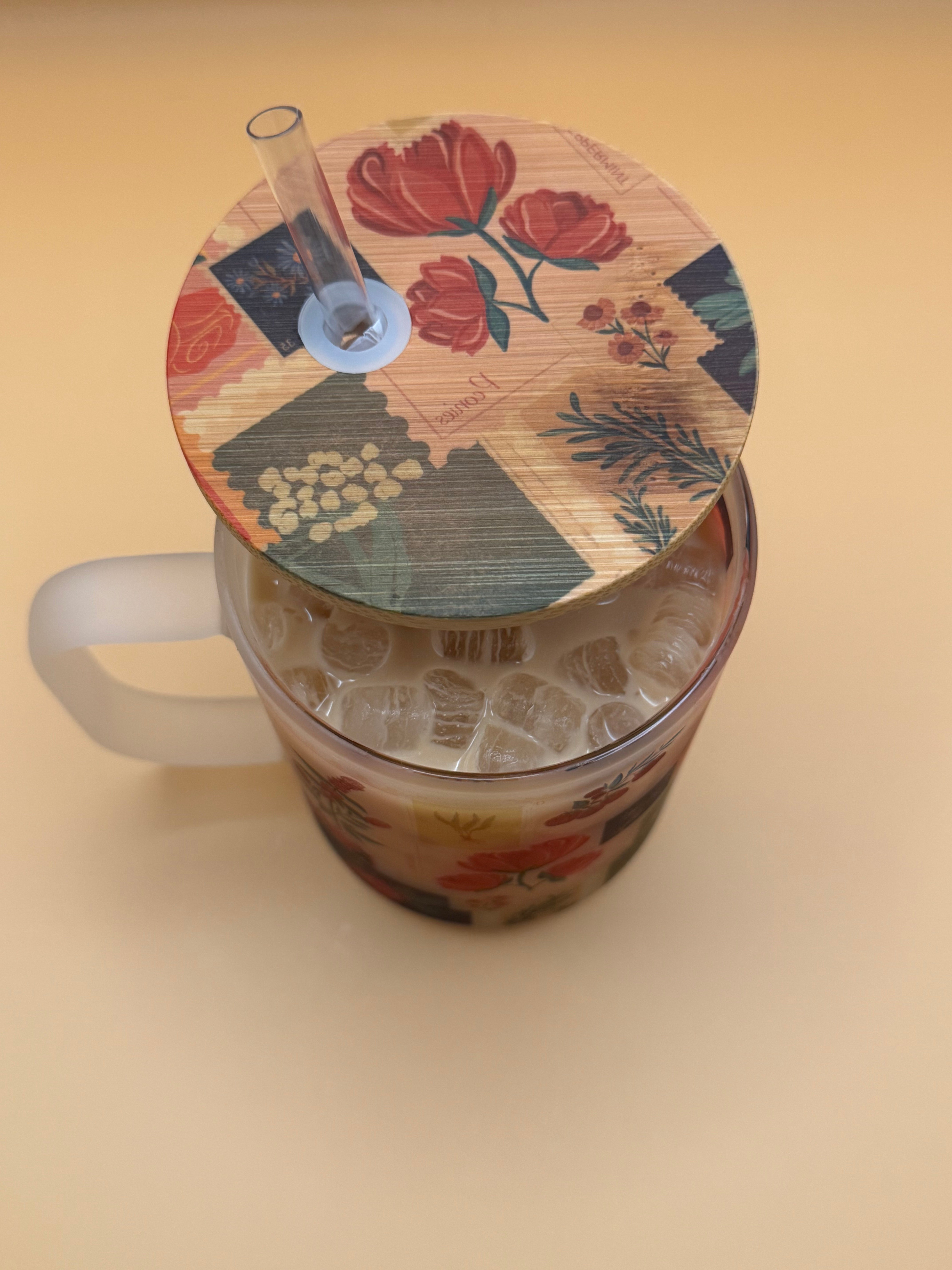 Vintage Floral Stamp - Frosted Glass Travel Mug