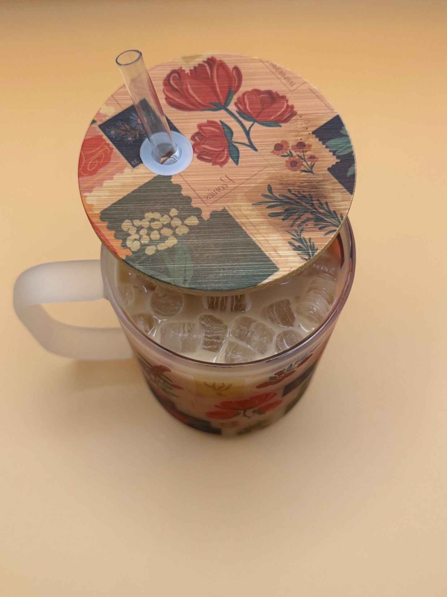 Vintage Floral Stamp - Frosted Glass Travel Mug